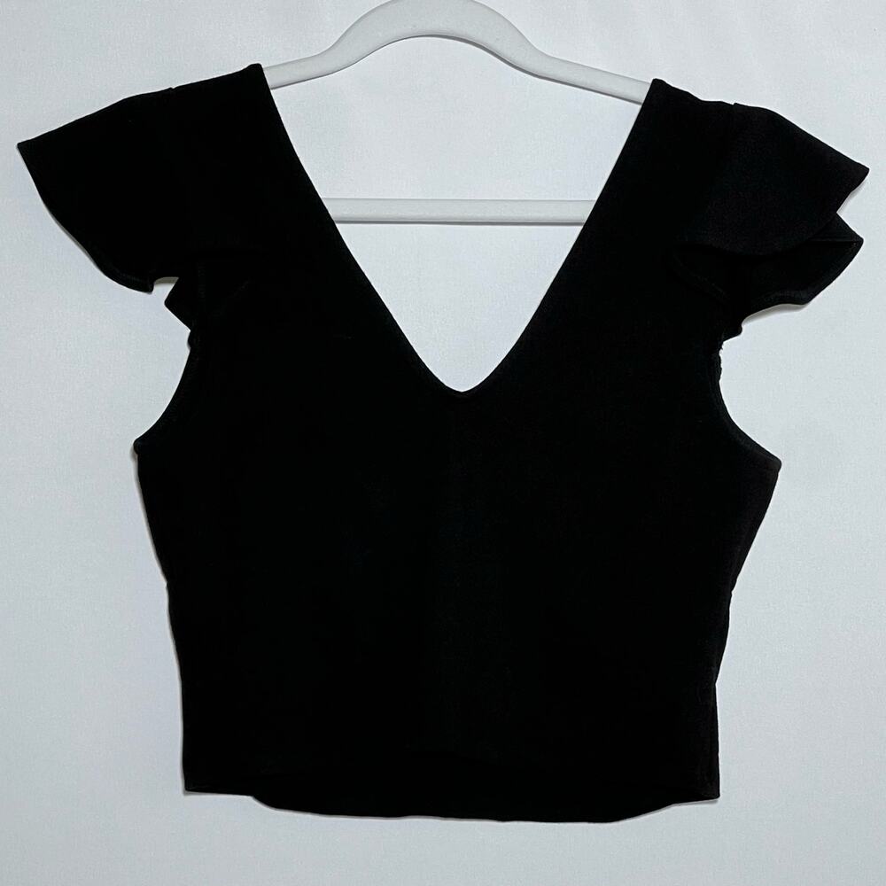 Lulus Linzee Ruffle Stetch Fitted Crop Top Black Womens Size Small - Picture 9 of 13